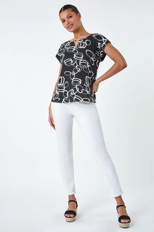 Women Black Keyhole Detail Abstract Print Top Roman Tops