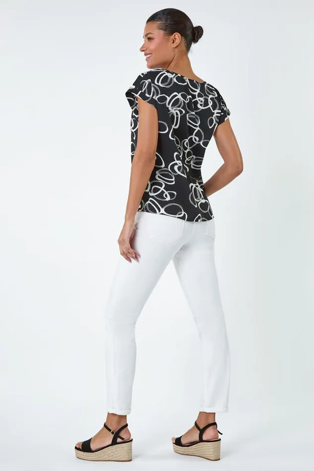 Women Black Keyhole Detail Abstract Print Top Roman Tops