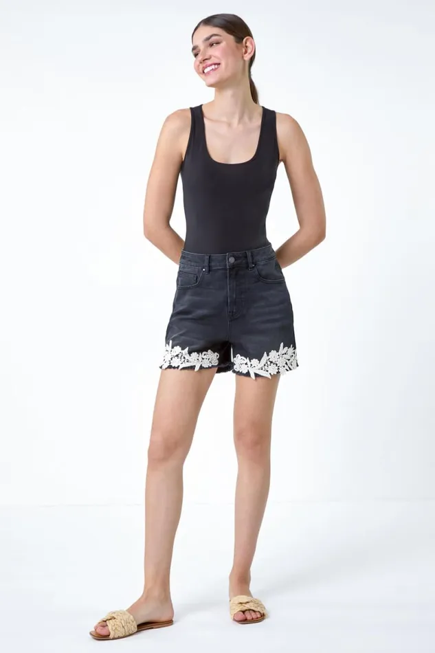 Women Black Lace Detail Denim Stretch Shorts Roman Trousers