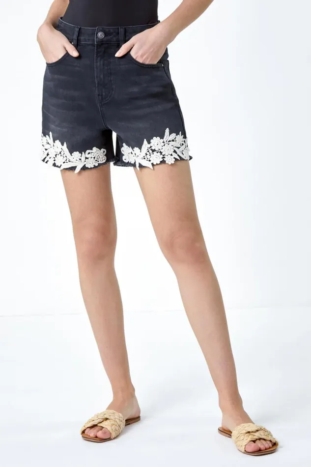 Women Black Lace Detail Denim Stretch Shorts Roman Trousers