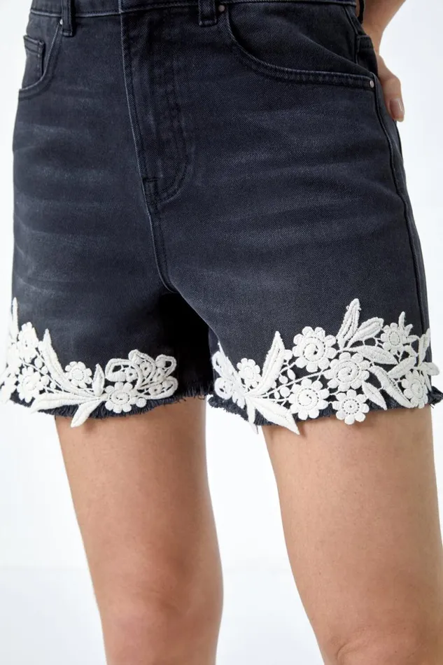 Women Black Lace Detail Denim Stretch Shorts Roman Trousers