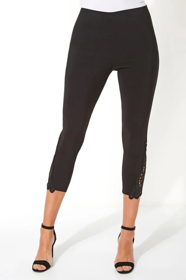 Women Black Lace Insert Elastic Waist Crop Trousers Roman Occasionwear