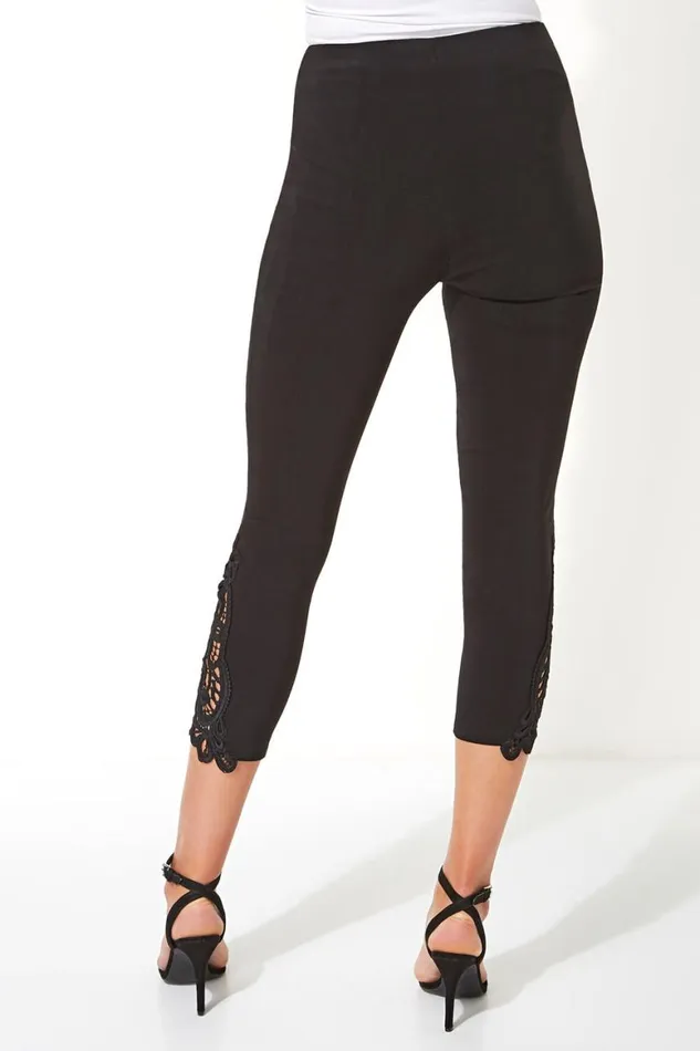 Women Black Lace Insert Elastic Waist Crop Trousers Roman Occasionwear