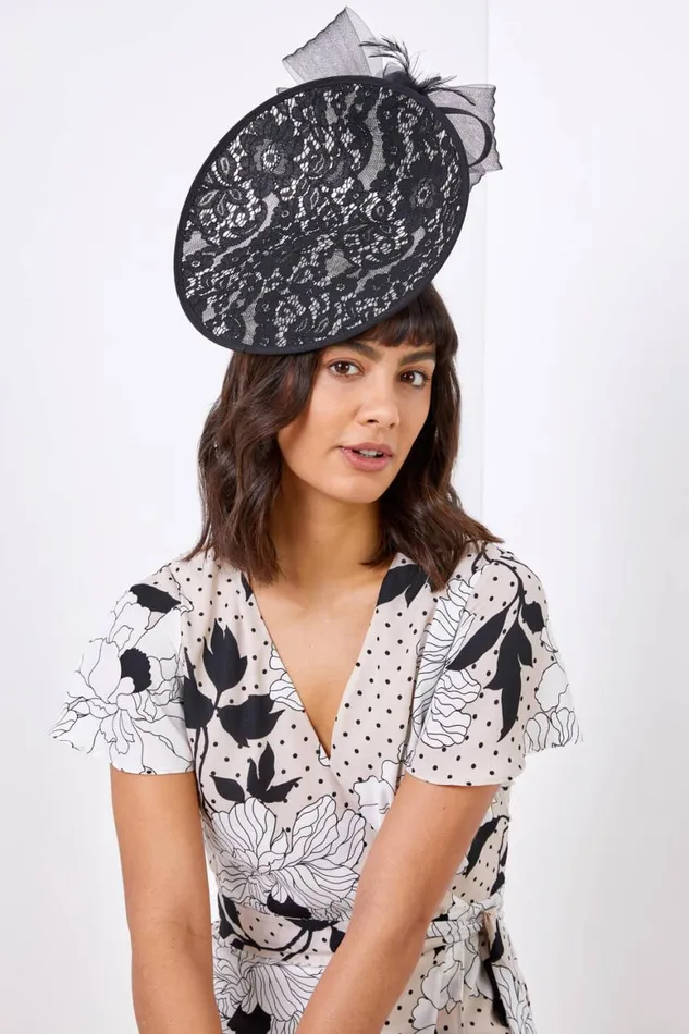 Women Black Lace Overlay Disc Fascinator Roman Hats