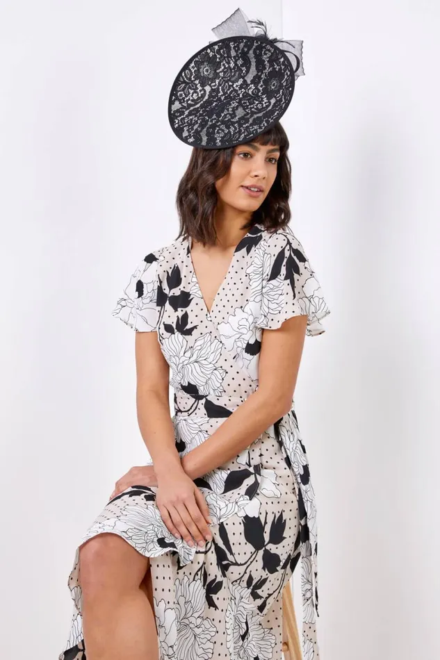 Women Black Lace Overlay Disc Fascinator Roman Hats