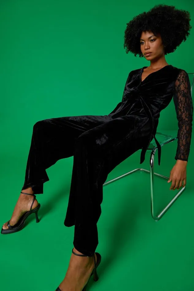 Women Black Lace Sleeve Velvet Wrap Jumpsuit Roman Dresses
