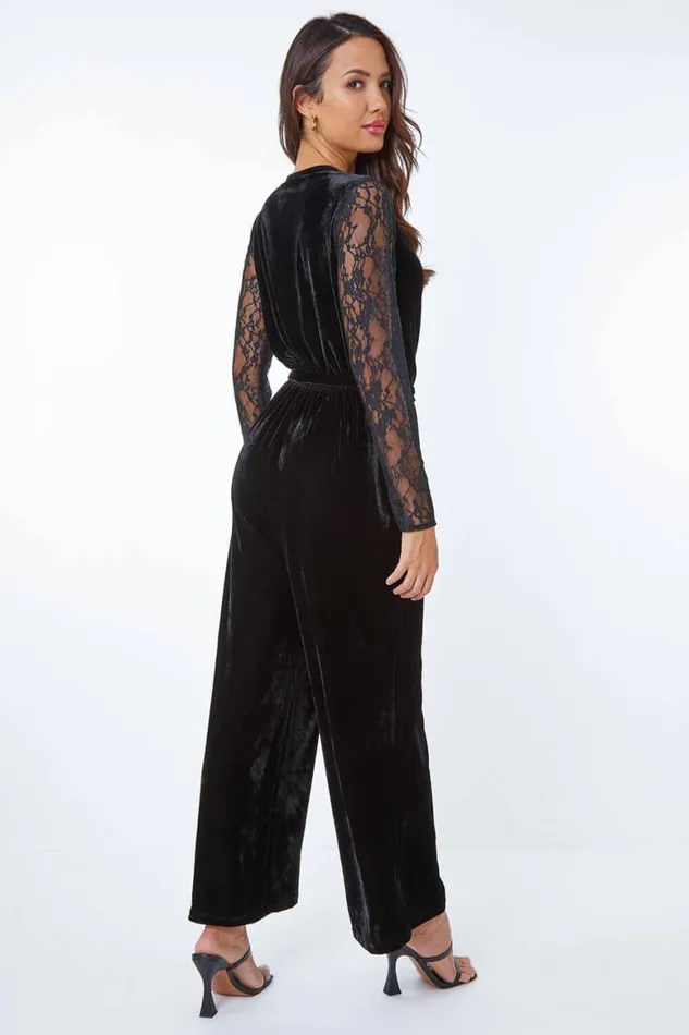 Women Black Lace Sleeve Velvet Wrap Jumpsuit Roman Dresses