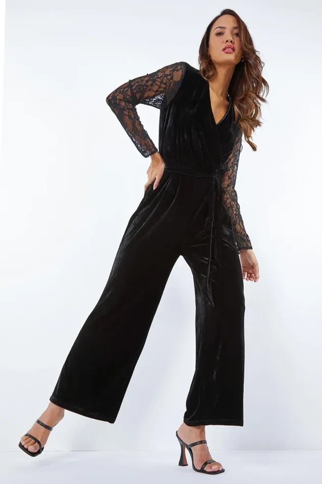 Women Black Lace Sleeve Velvet Wrap Jumpsuit Roman Dresses