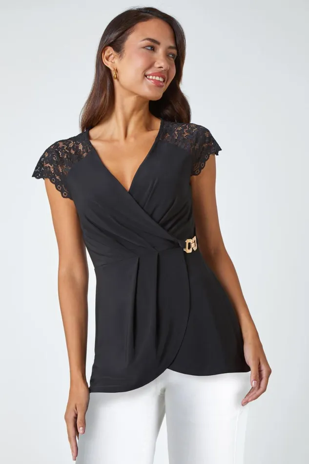 Women Black Lace Trim Stretch VNeck Wrap Top Roman Tops