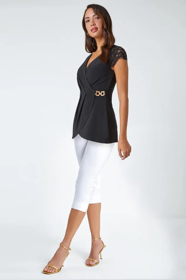 Women Black Lace Trim Stretch VNeck Wrap Top Roman Tops