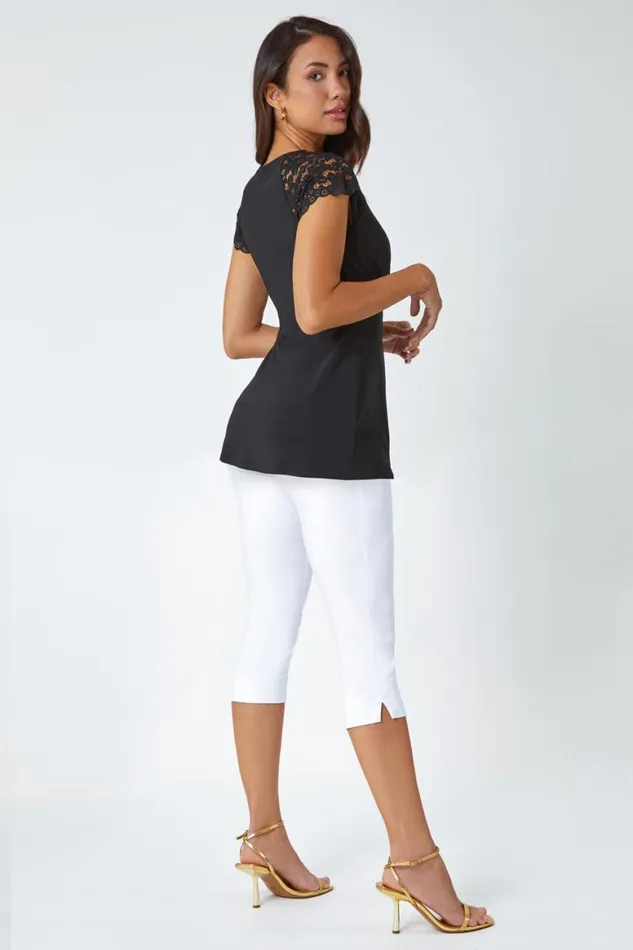 Women Black Lace Trim Stretch VNeck Wrap Top Roman Tops
