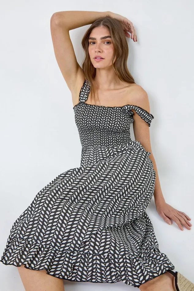 Women Black Leaf Print Shirred Cotton Midi Dress Roman Dresses