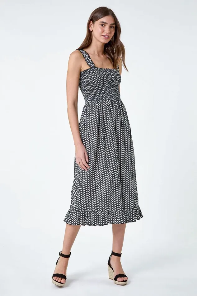 Women Black Leaf Print Shirred Cotton Midi Dress Roman Dresses