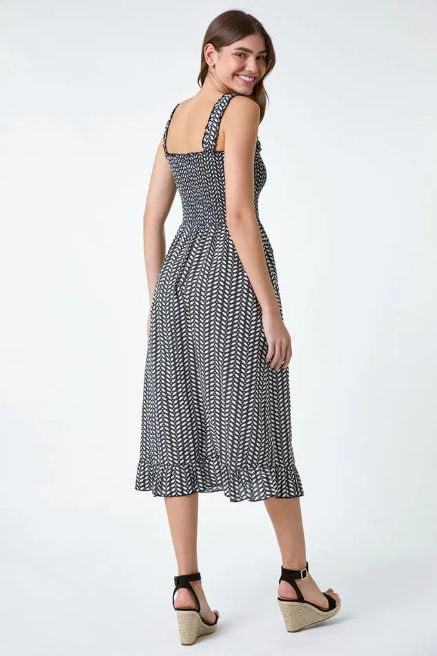 Women Black Leaf Print Shirred Cotton Midi Dress Roman Dresses