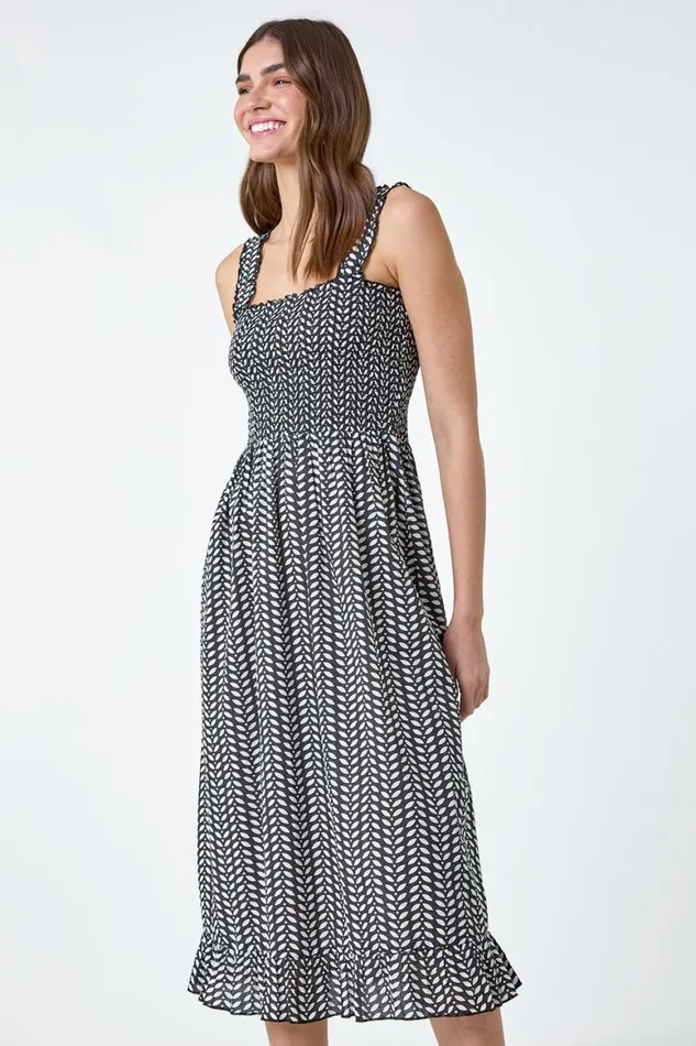 Women Black Leaf Print Shirred Cotton Midi Dress Roman Dresses