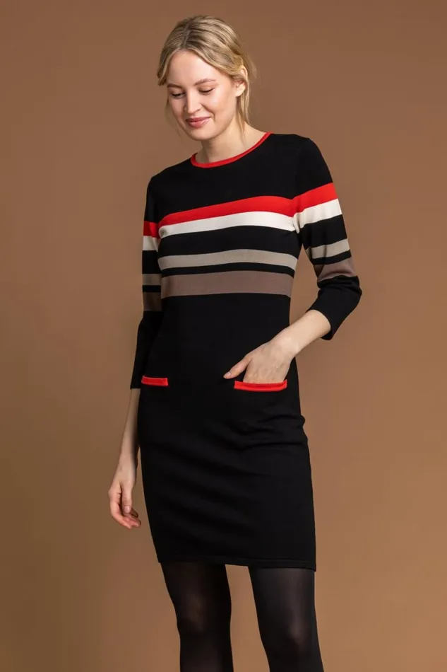 Women Black Longline Contrast Stripe Print Jumper Dress Roman Dresses