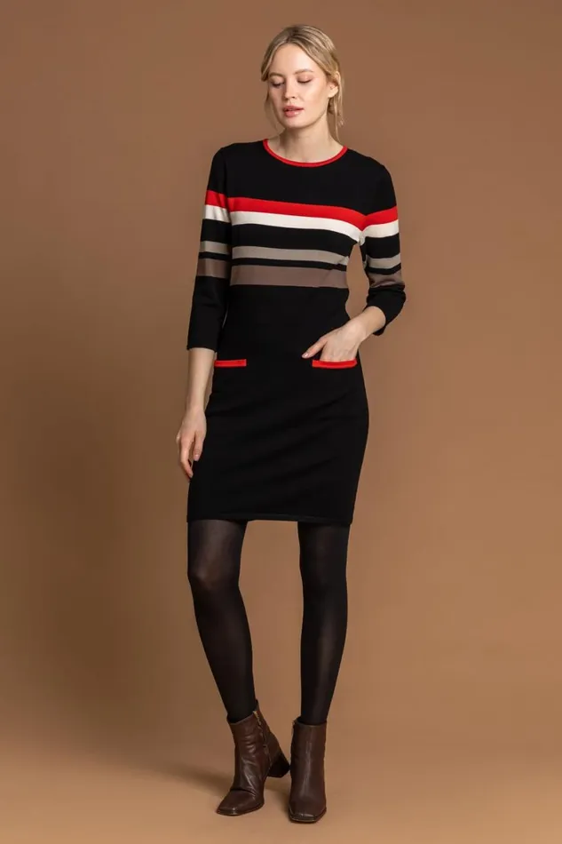 Women Black Longline Contrast Stripe Print Jumper Dress Roman Dresses