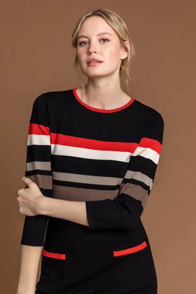 Women Black Longline Contrast Stripe Print Jumper Dress Roman Dresses
