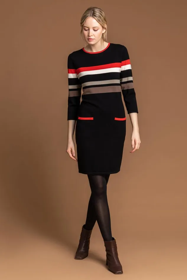 Women Black Longline Contrast Stripe Print Jumper Dress Roman Dresses