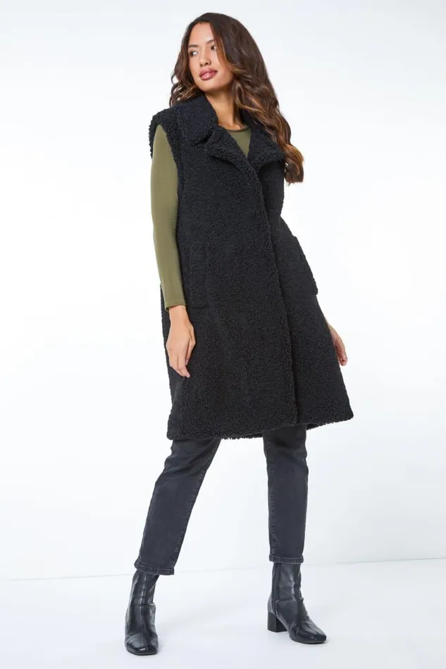 Women Black Longline Faux Fur Teddy Gilet Roman Coats