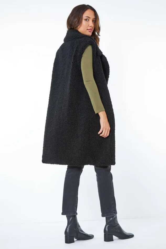 Women Black Longline Faux Fur Teddy Gilet Roman Coats