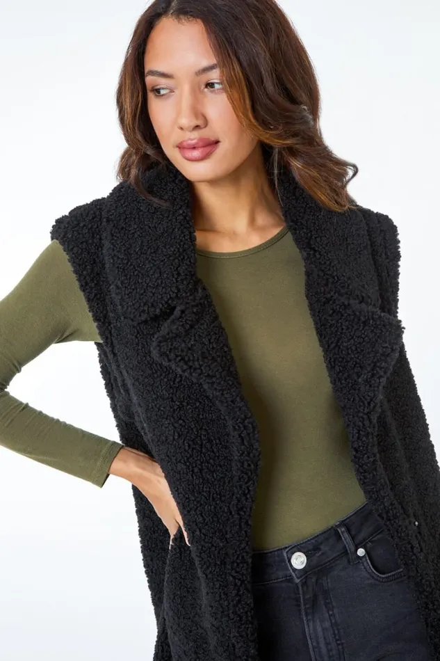 Women Black Longline Faux Fur Teddy Gilet Roman Coats