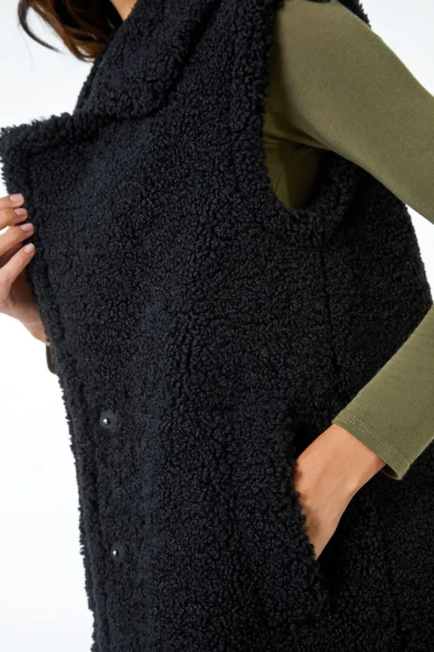 Women Black Longline Faux Fur Teddy Gilet Roman Coats