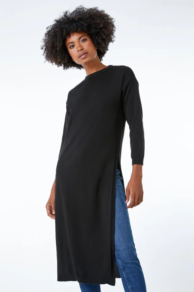 Women Black Longline Split Detail Jumper Roman Tops