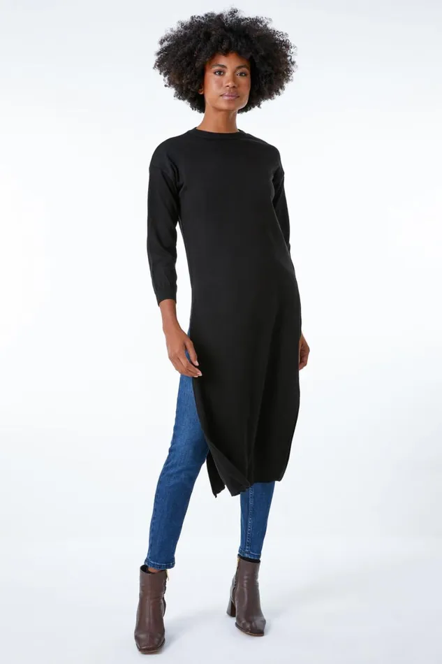 Women Black Longline Split Detail Jumper Roman Tops