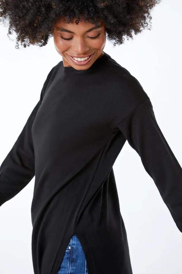 Women Black Longline Split Detail Jumper Roman Tops