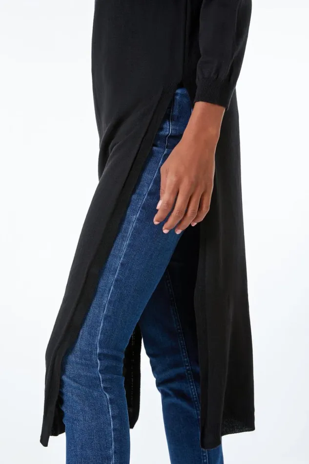 Women Black Longline Split Detail Jumper Roman Tops