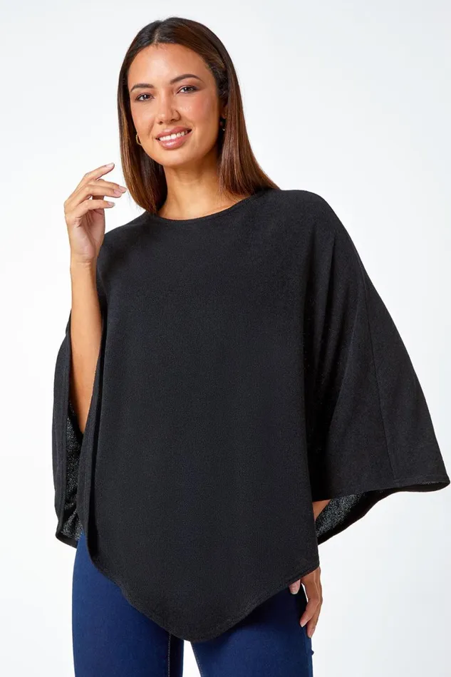 Women Black Marl Overlay Stretch Top Roman Tops