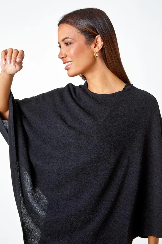 Women Black Marl Overlay Stretch Top Roman Tops