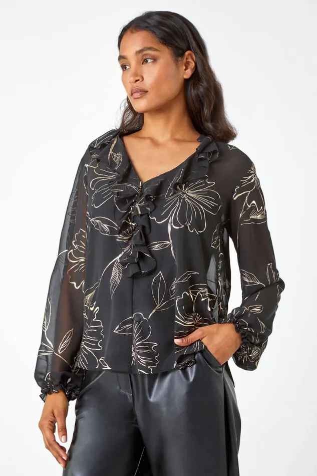 Women Black Metallic Floral Print VNeck Ruffle Top Roman Tops