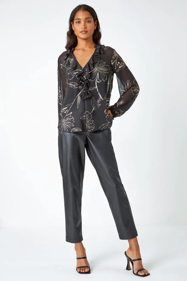 Women Black Metallic Floral Print VNeck Ruffle Top Roman Tops