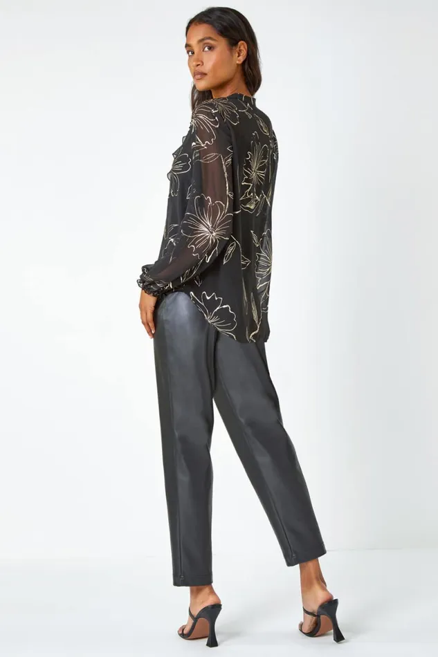 Women Black Metallic Floral Print VNeck Ruffle Top Roman Tops