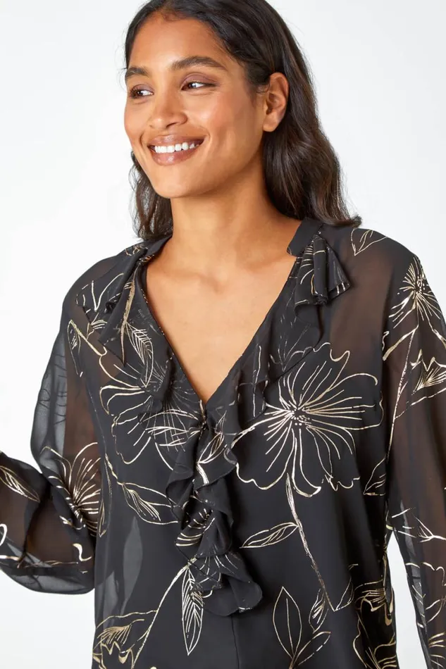 Women Black Metallic Floral Print VNeck Ruffle Top Roman Tops