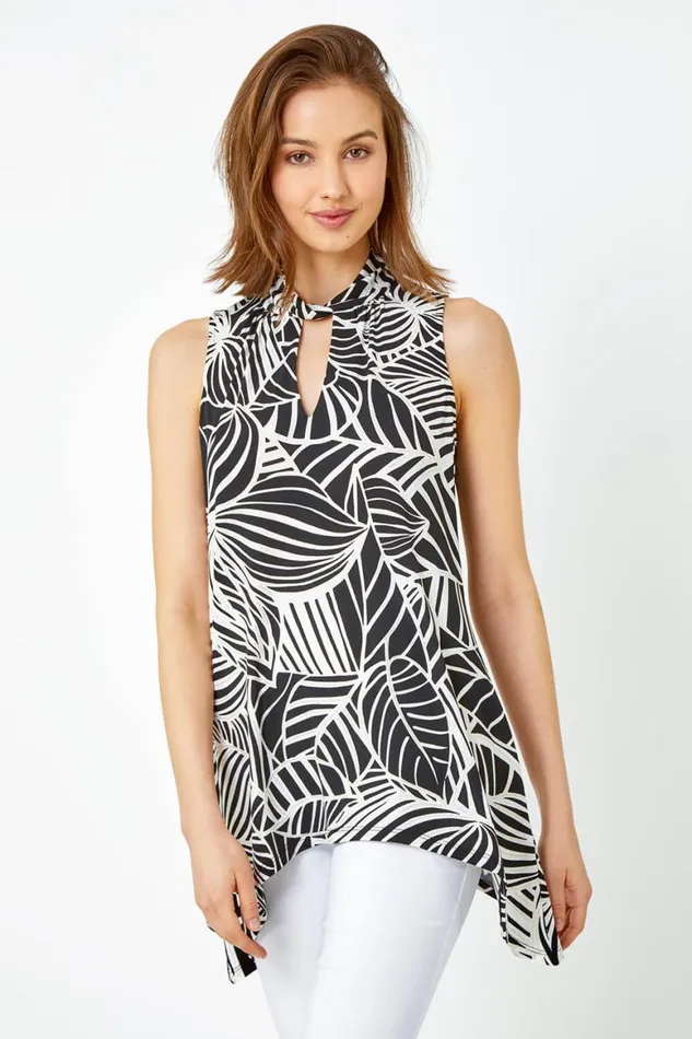 Women Black Metallic Leaf Print Stretch Top Roman Tops