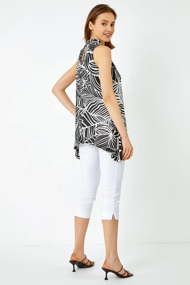Women Black Metallic Leaf Print Stretch Top Roman Tops