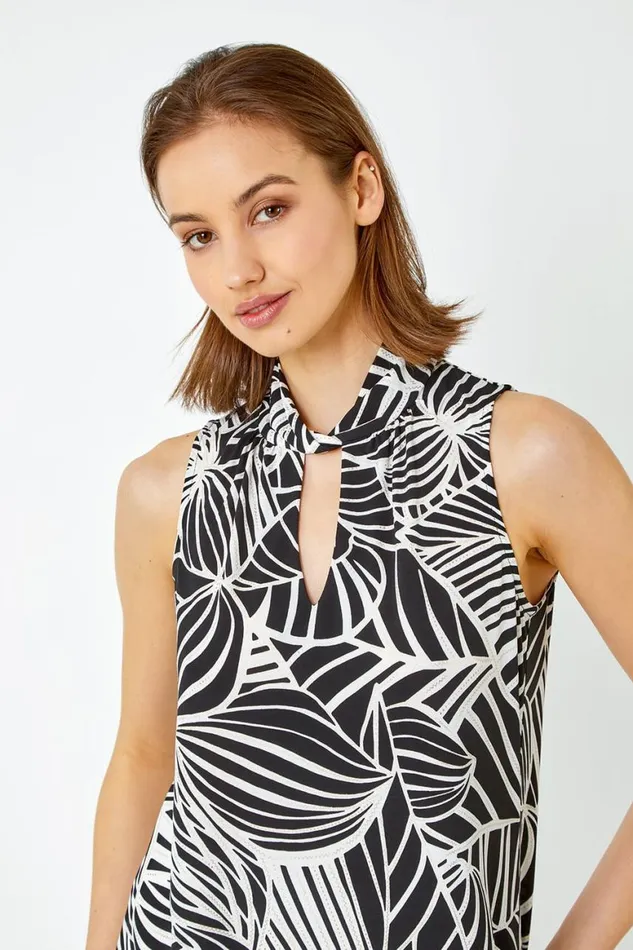 Women Black Metallic Leaf Print Stretch Top Roman Tops