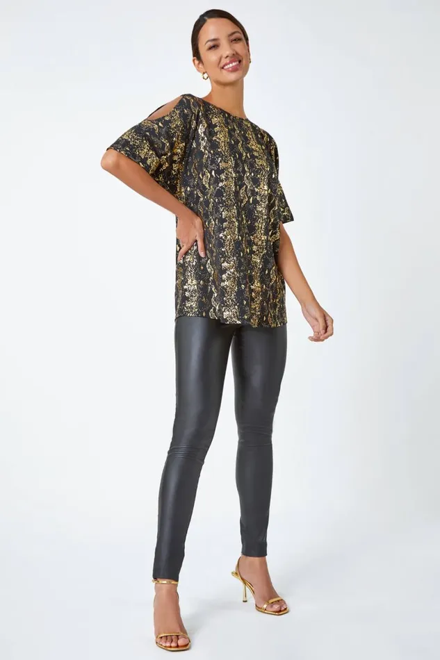 Women Black Metallic Print Cold Shoulder Stretch Top Roman Tops