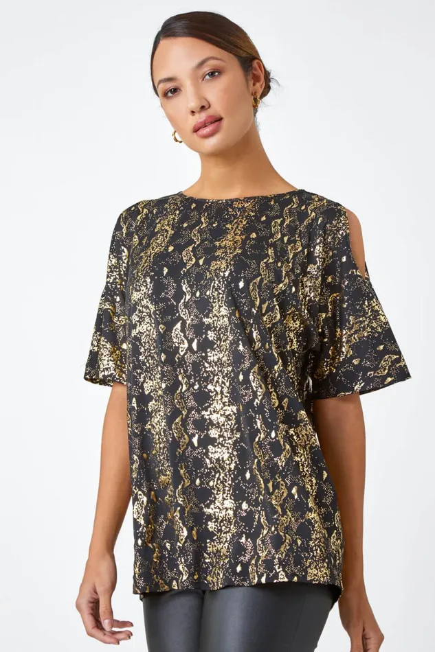 Women Black Metallic Print Cold Shoulder Stretch Top Roman Tops