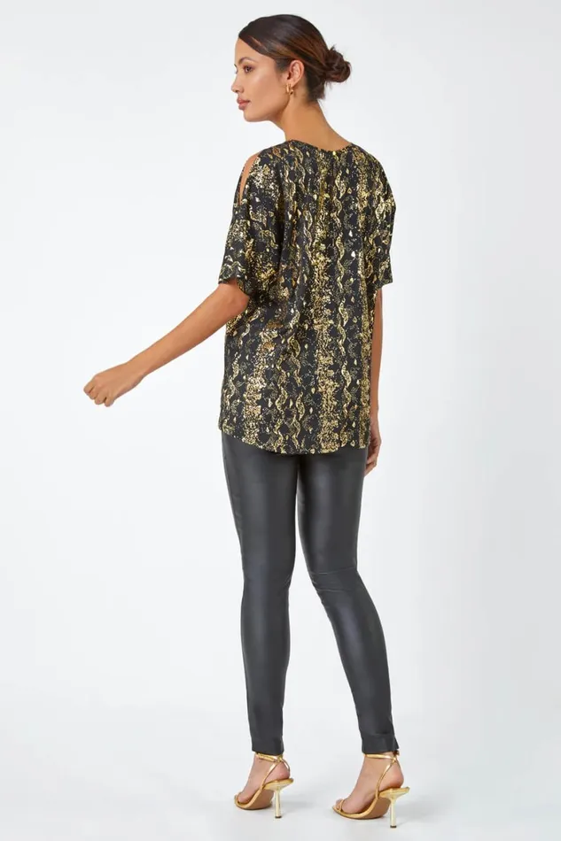 Women Black Metallic Print Cold Shoulder Stretch Top Roman Tops