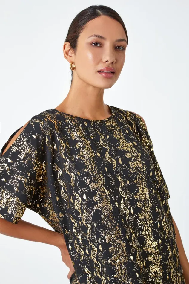 Women Black Metallic Print Cold Shoulder Stretch Top Roman Tops