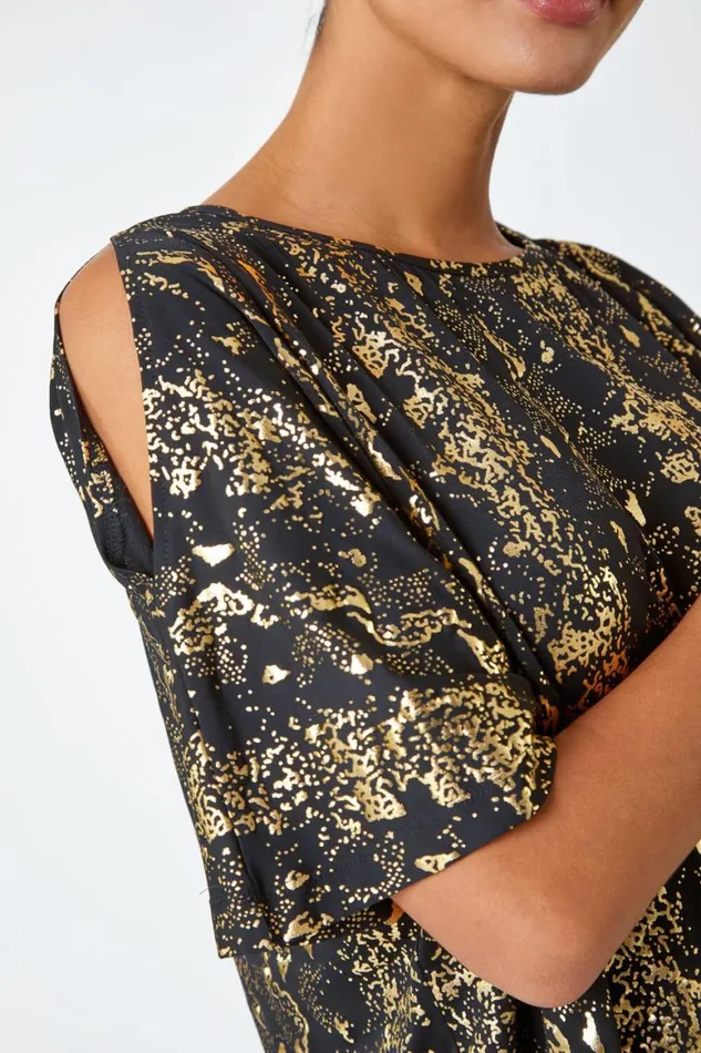 Women Black Metallic Print Cold Shoulder Stretch Top Roman Tops