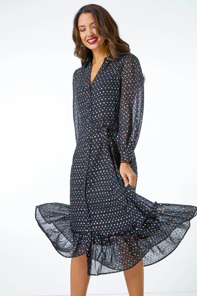 Women Black Metallic Spot Midi Shirt Dress Roman Dresses