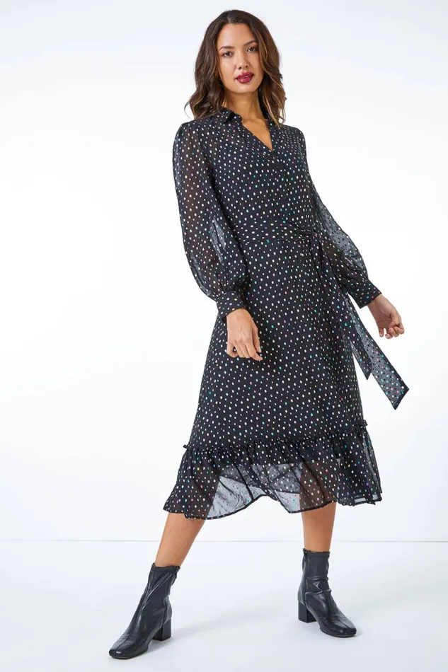 Women Black Metallic Spot Midi Shirt Dress Roman Dresses