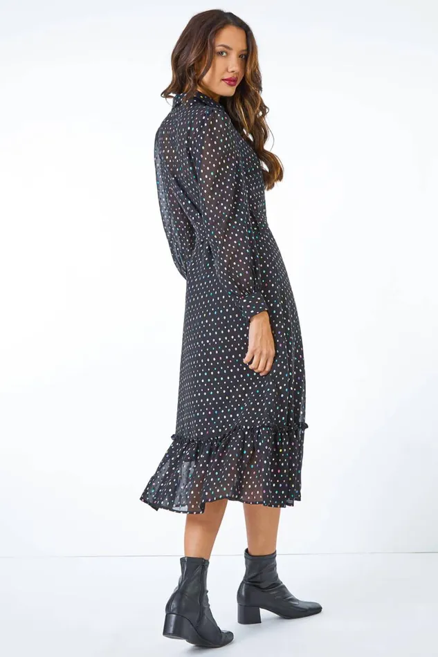 Women Black Metallic Spot Midi Shirt Dress Roman Dresses