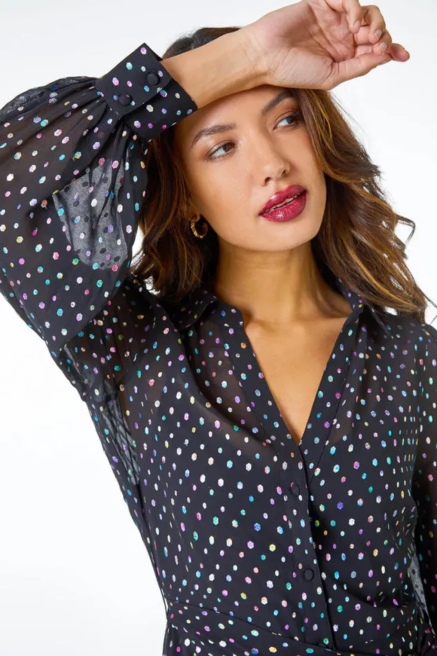 Women Black Metallic Spot Midi Shirt Dress Roman Dresses