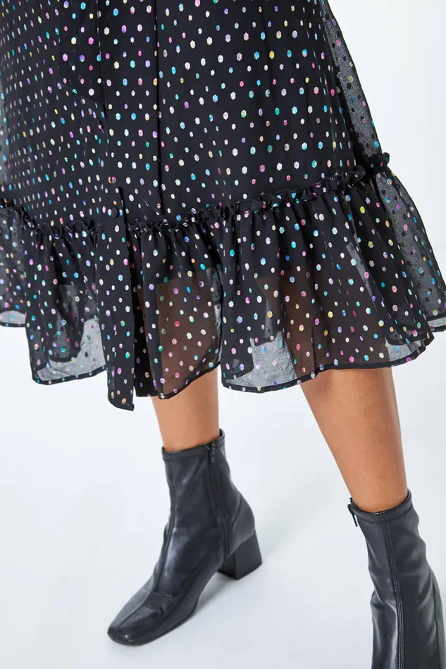 Women Black Metallic Spot Midi Shirt Dress Roman Dresses